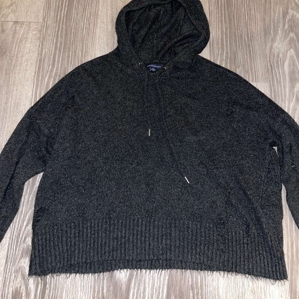american eagle cozy pullover hoodie dark gray with distressed holes